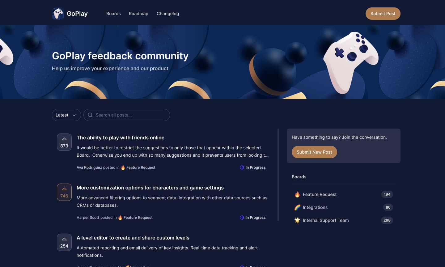 Different design examples of Supahub's public feedback portal